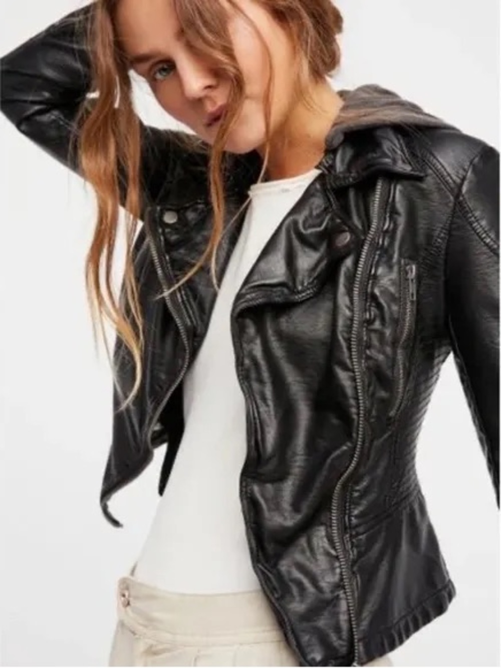 Free People Cleo Jacket Black Vegan Leather Motorcycle Jacket Size 4 - Picture 3 of 8